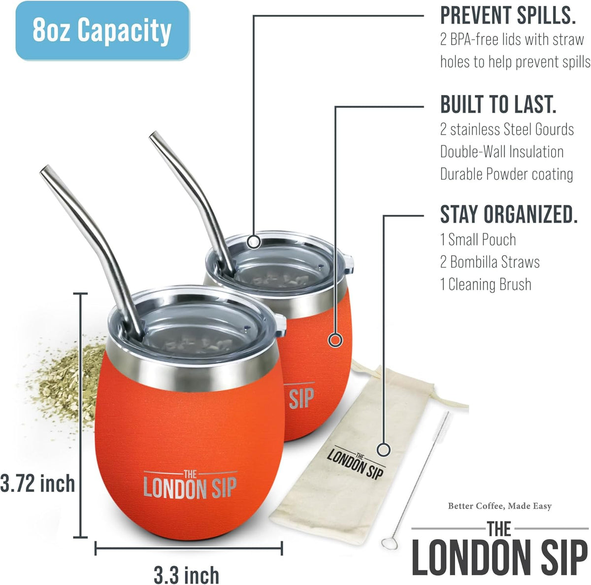 London Sip Yerba Mate Cup 2-Pack Set – Orange – 8 oz