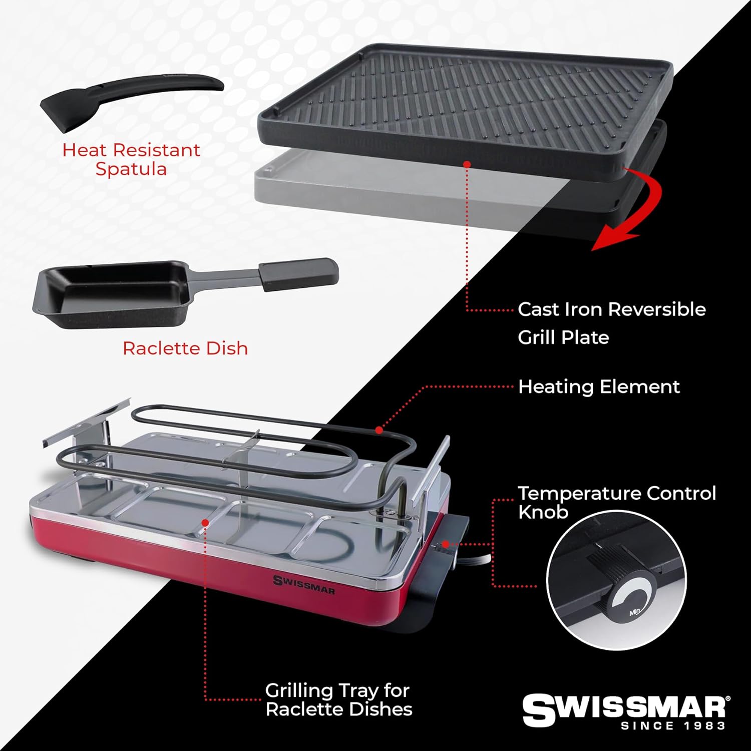 Swissmar Classic 8-Person Raclette Grill – Cast Iron Plate – Red by Kitchen Niche