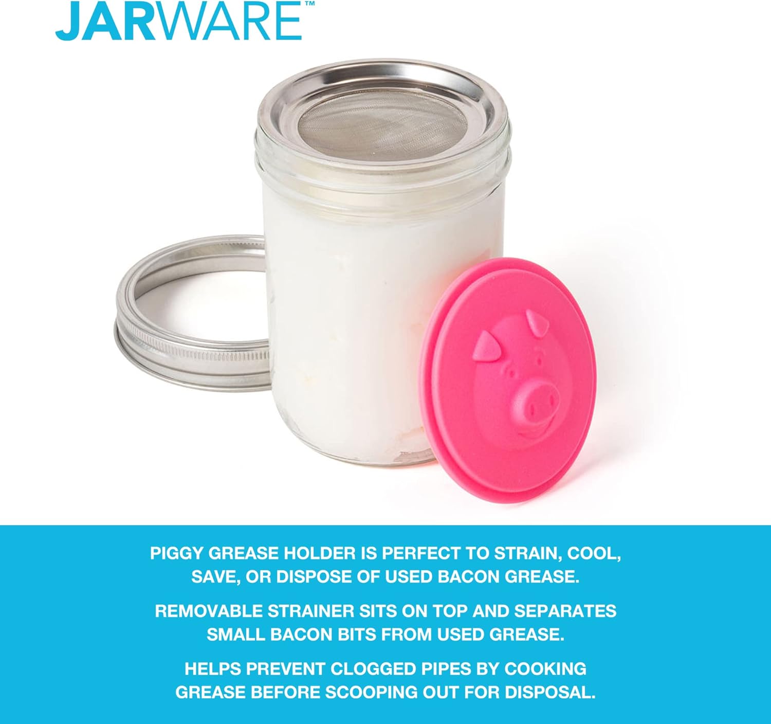 Jarware Silicone Bacon Grease Saver Mason Jar Lid with Strainer