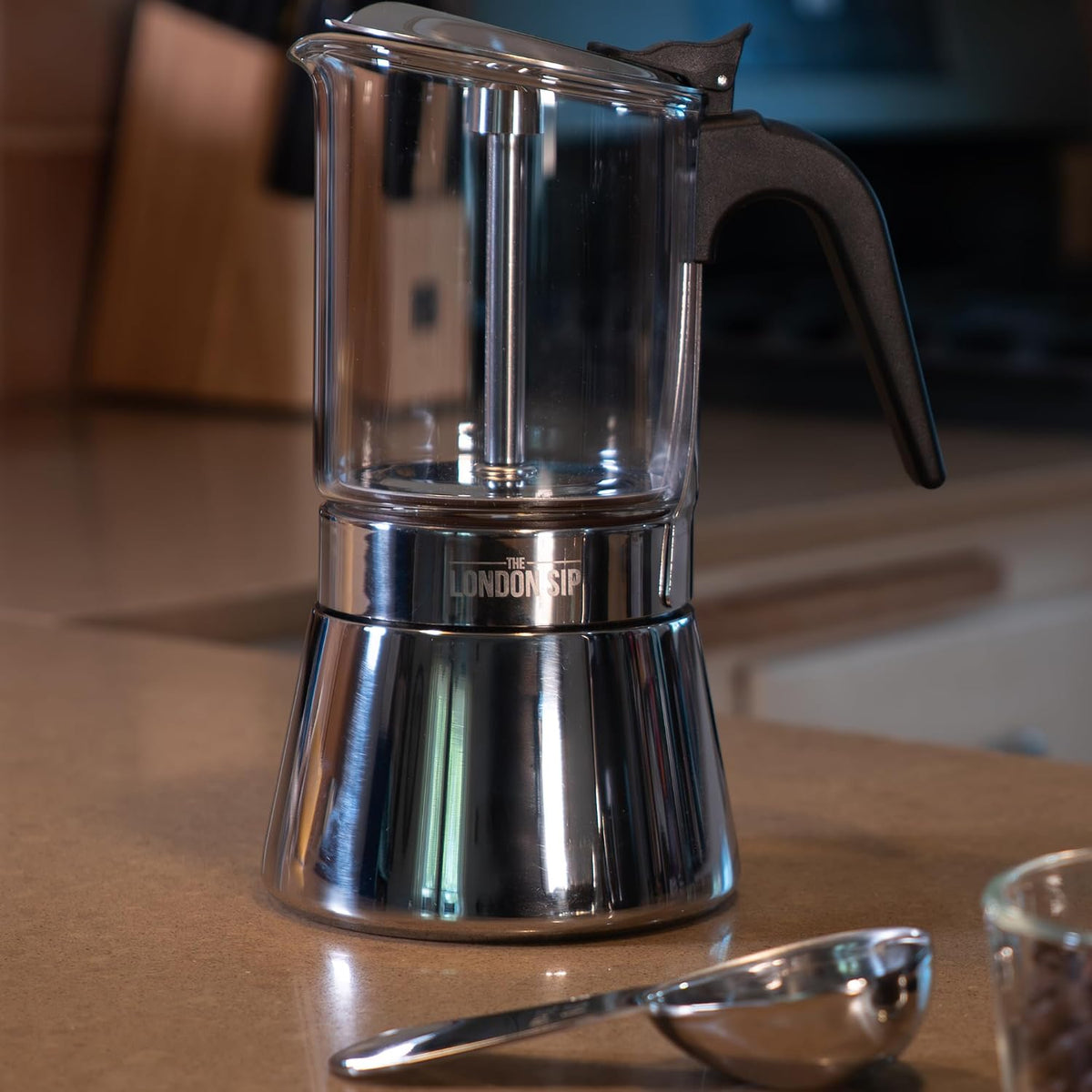 London Sip Stainless Steel Espresso Maker – Glass Carafe – 9 Cup