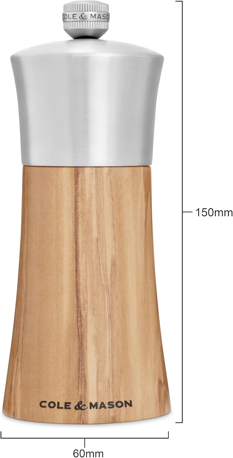 Cole & Mason Bromley Salt Mill – Olive Wood & Stainless Steel – 6" / 15 cm