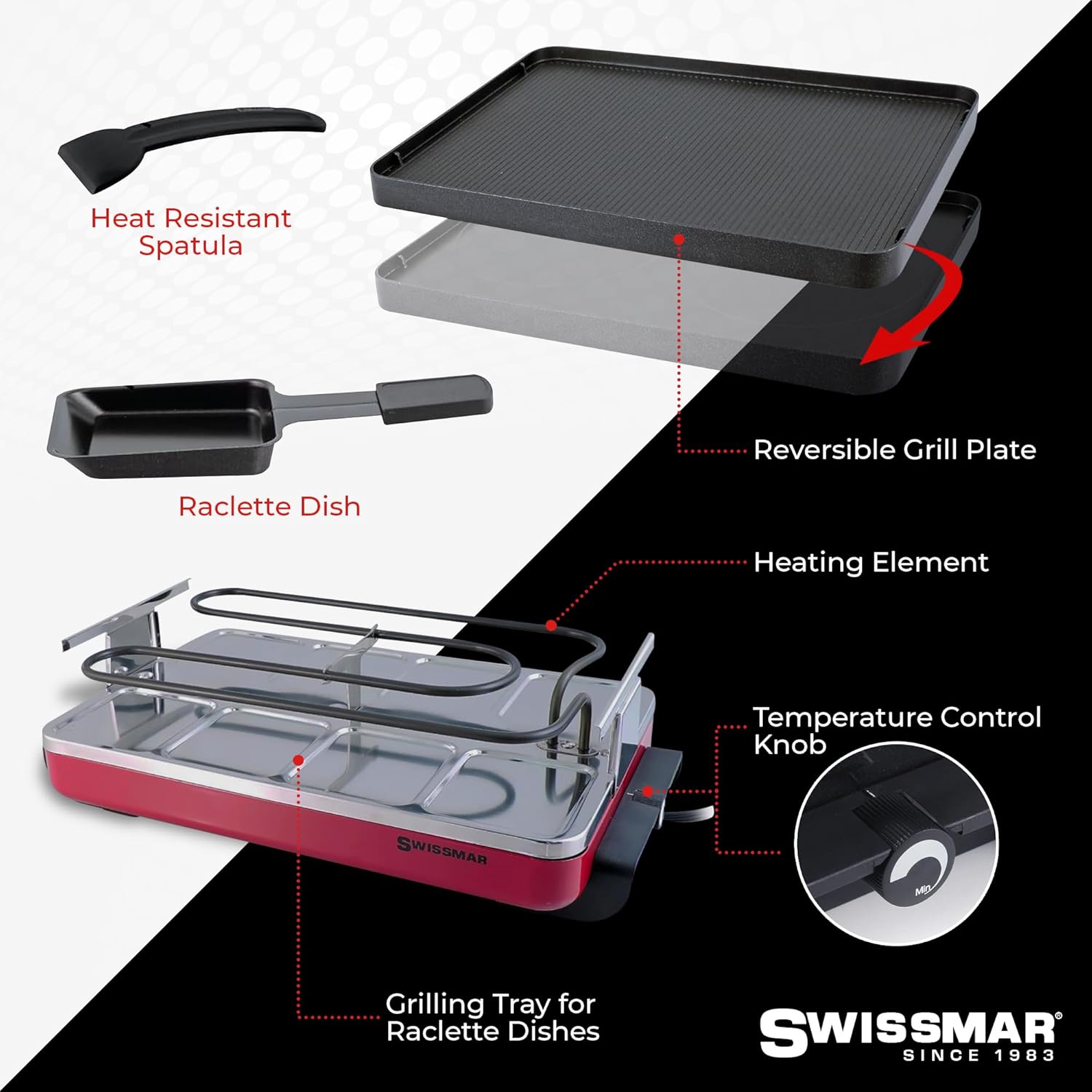 Swissmar Classic 8-Person Raclette Grill – Nonstick Aluminum Plate – Red by Kitchen Niche