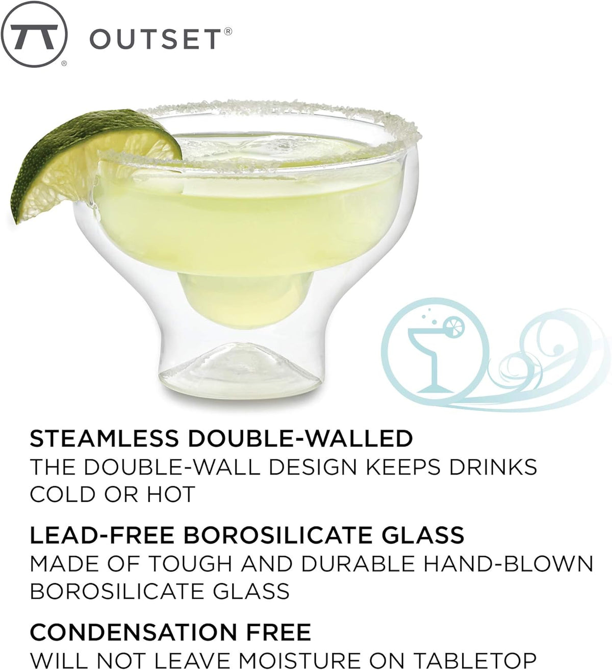 Outset Double Wall Margarita Glasses Set of 2 – Borosilicate Glass