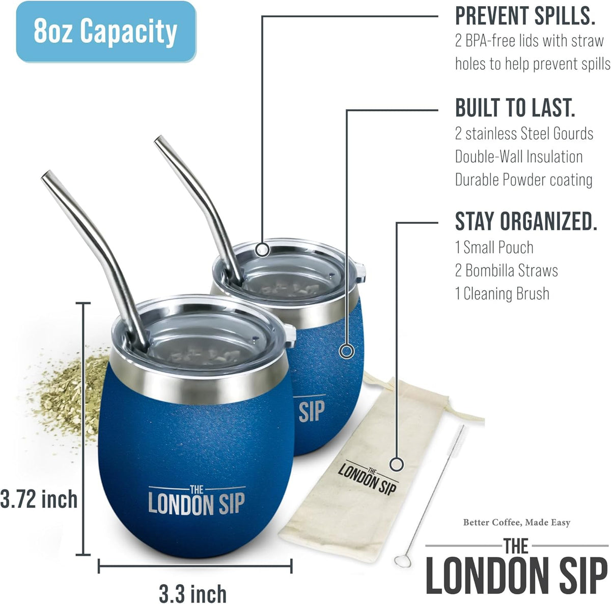 London Sip Yerba Mate Cup 2-Pack Set – Blue – 8 oz