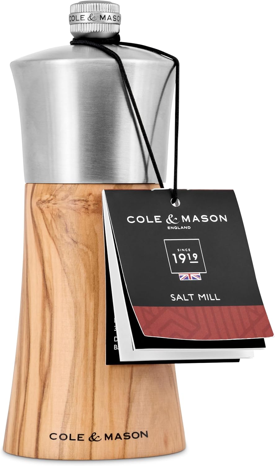 Cole & Mason Bromley Salt Mill – Olive Wood & Stainless Steel – 6" / 15 cm