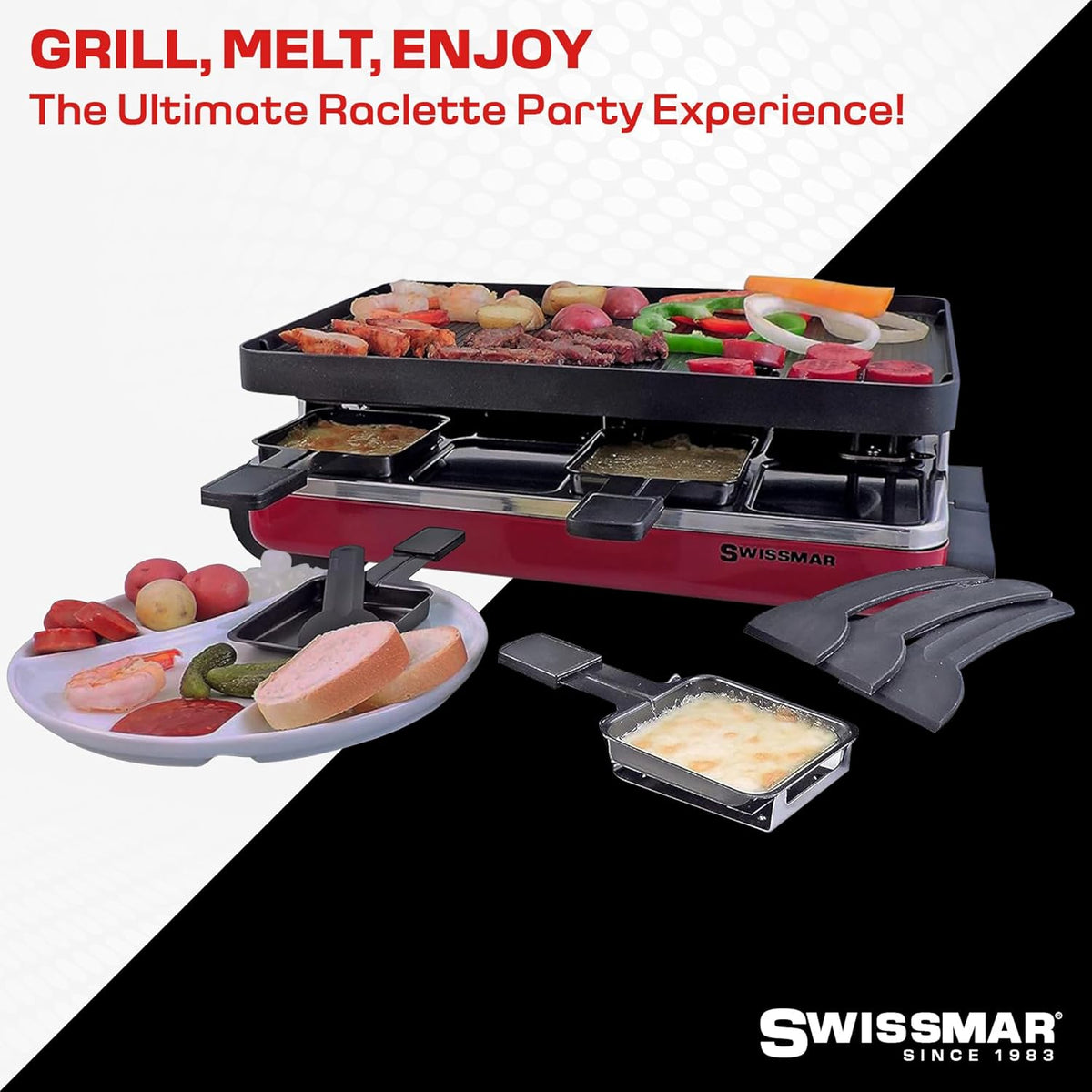 Swissmar Classic 8-Person Raclette Grill – Nonstick Aluminum Plate – Red by Kitchen Niche