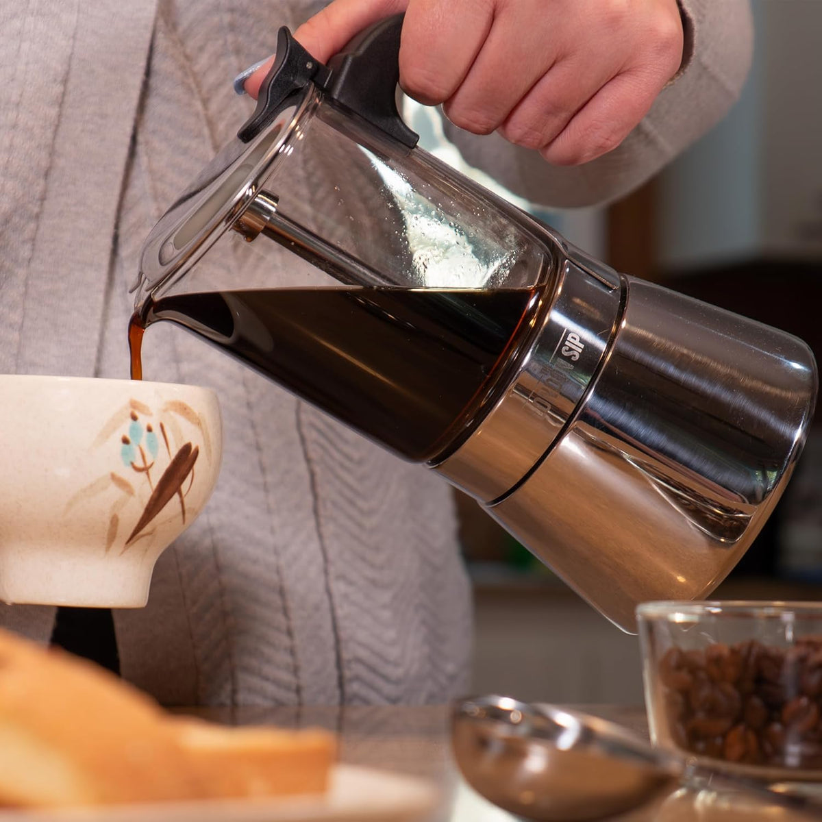 London Sip Stainless Steel Espresso Maker – Glass Carafe – 9 Cup
