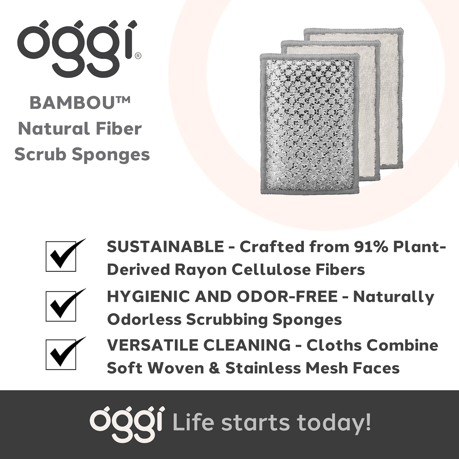 Oggi Set of 3 Grey Bamboo Scrubbing Sponges