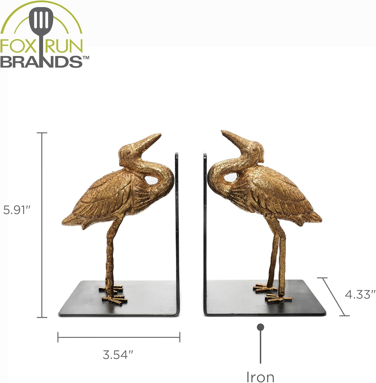Fox Run Gold Crane Iron Bookends, Set of 2