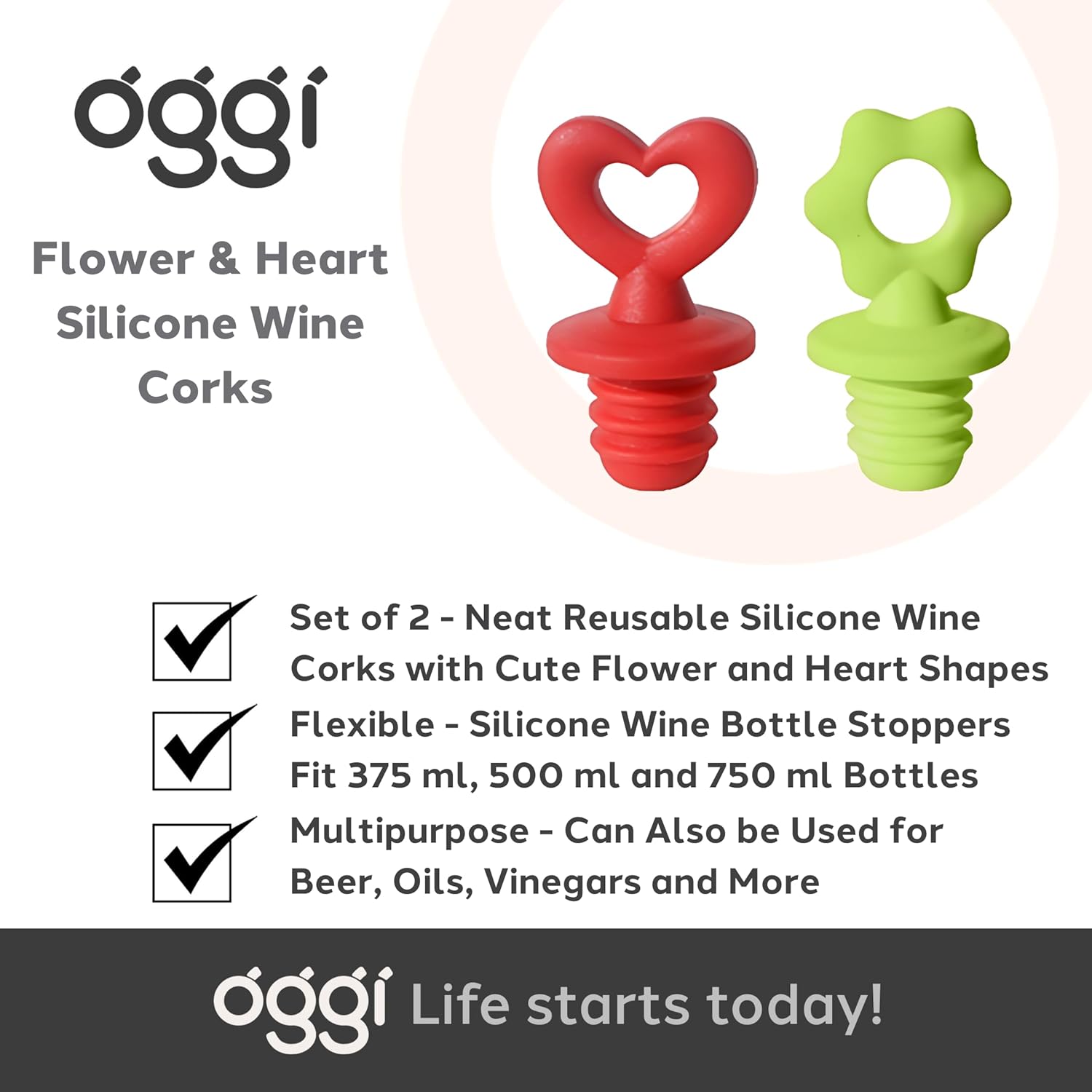 Oggi Set of 2 Stoppers – Heart and Daisy