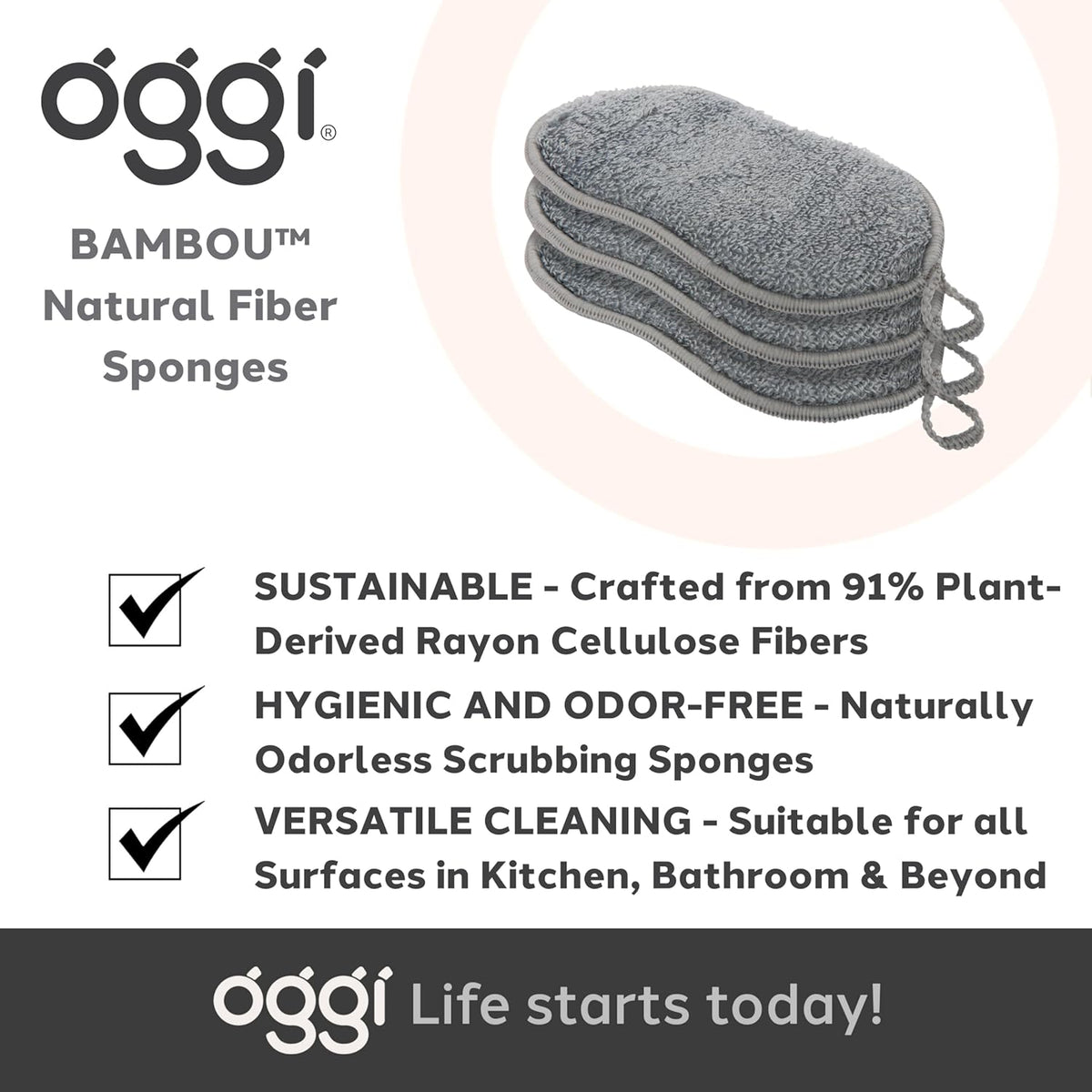 Oggi Set of 3 Grey Bamboo Kitchen Sponges