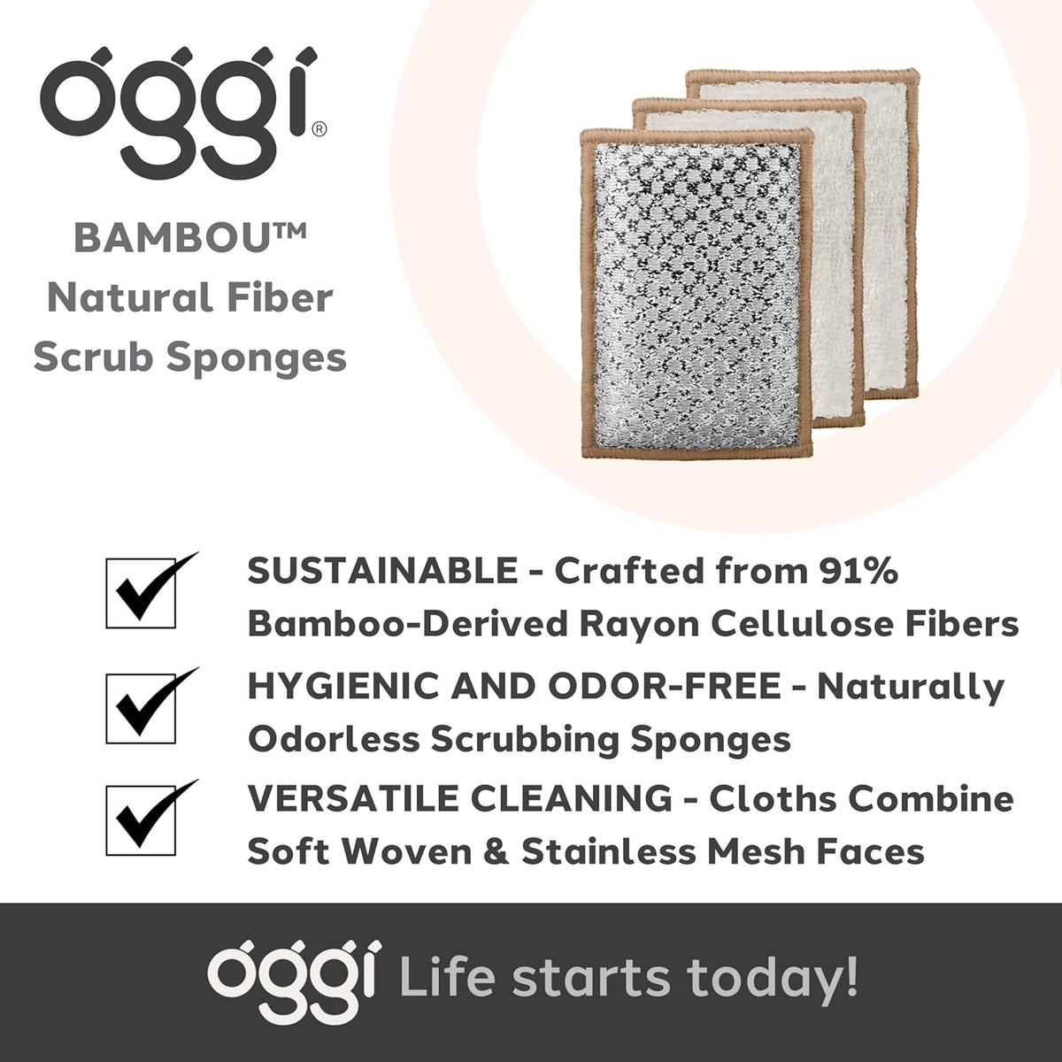 Oggi Set of 3 Khaki Bamboo Scrubbing Sponges
