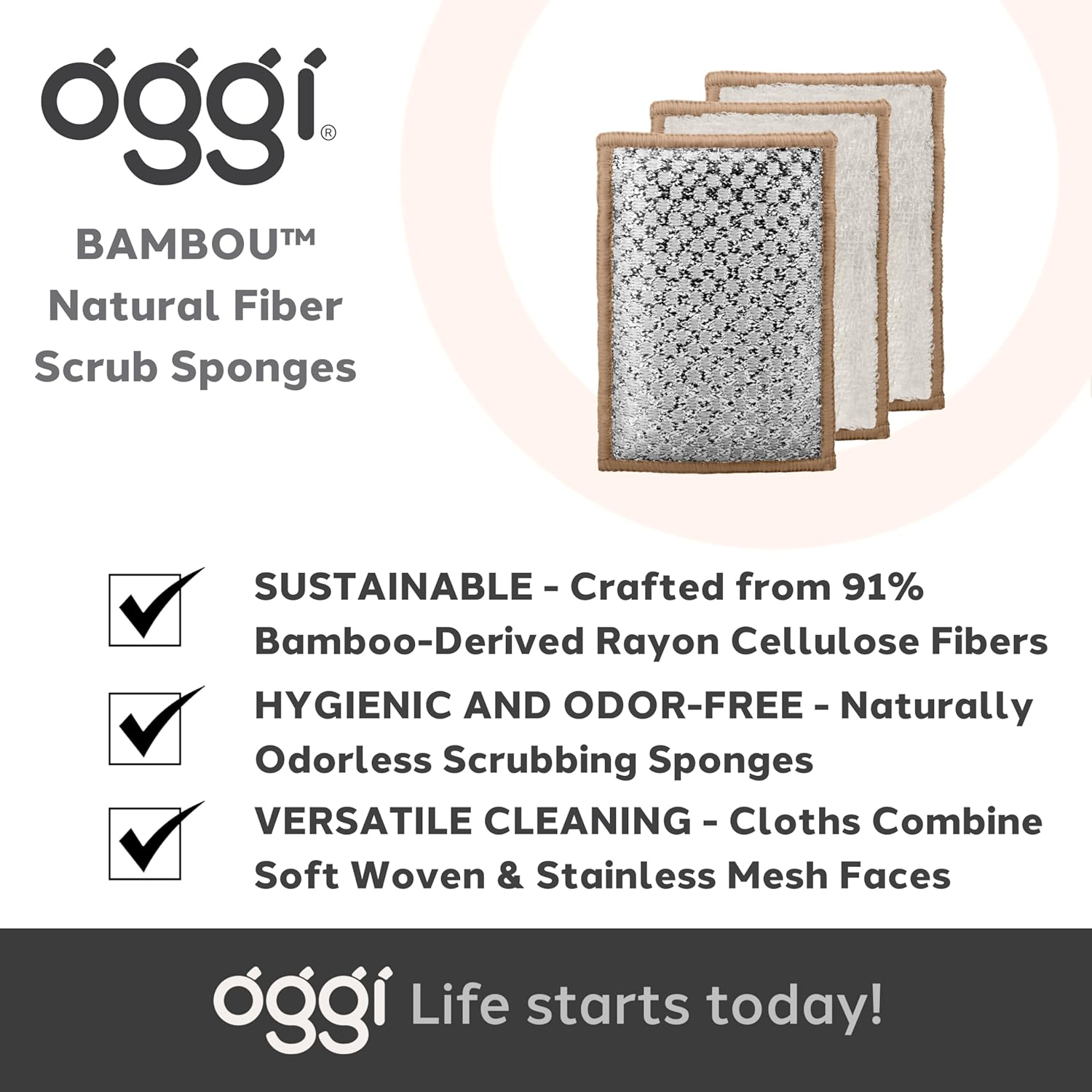 Oggi Set of 3 Khaki Bamboo Scrubbing Sponges