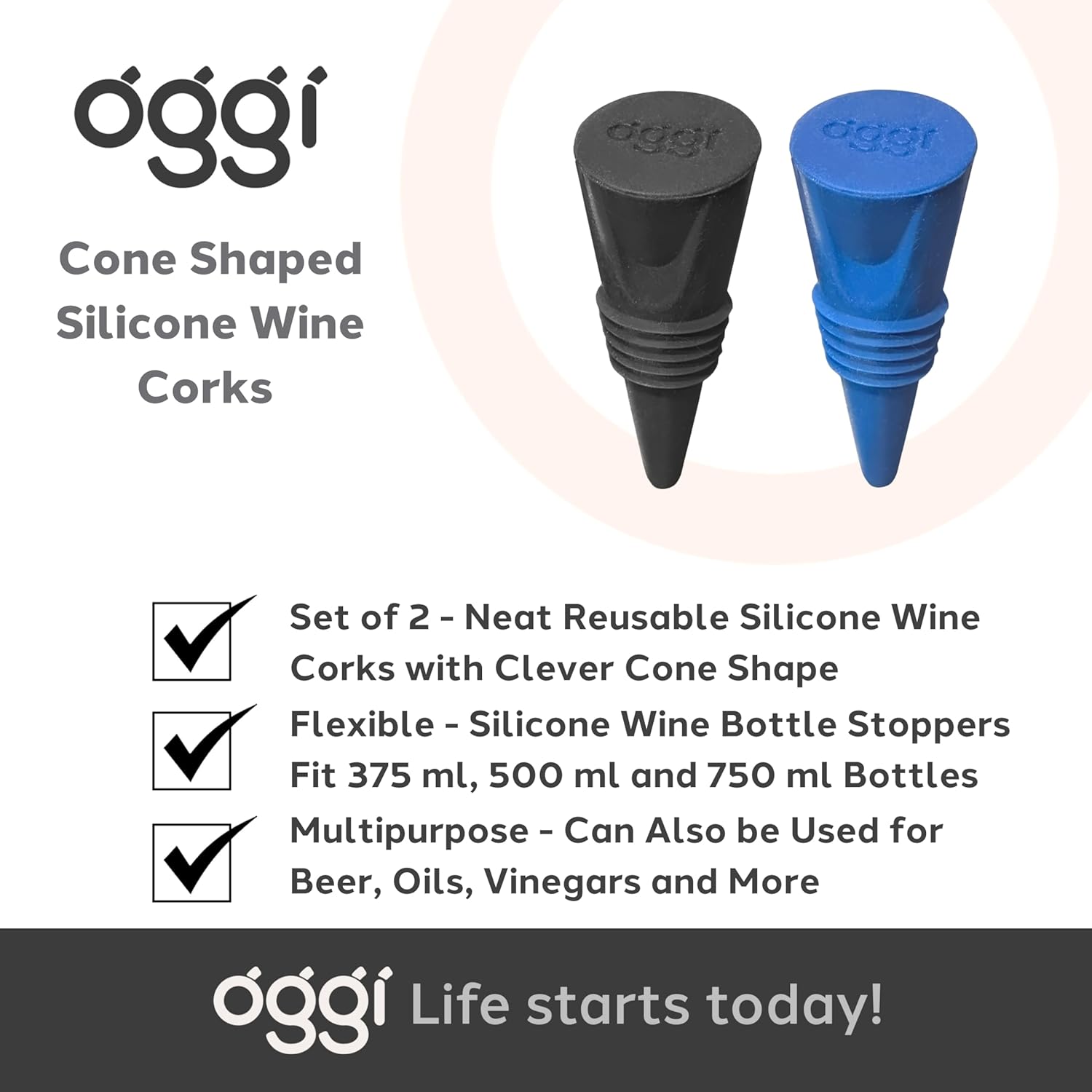 Oggi Set of 2 Cone Stoppers – Black / Blue