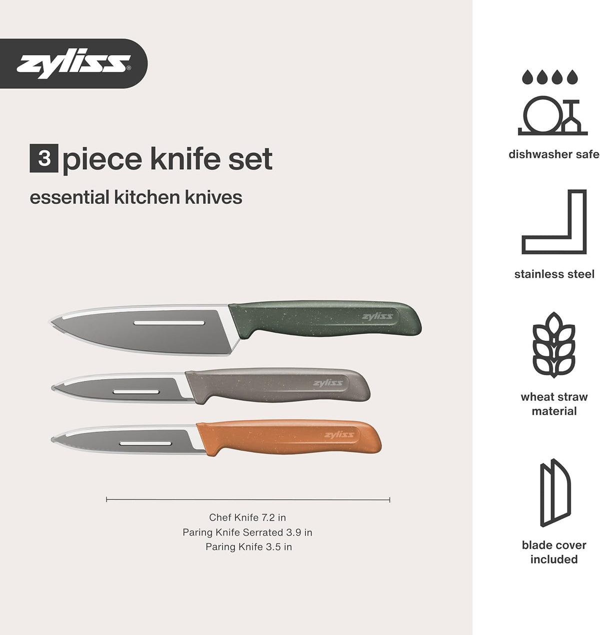 Zyliss 3 Pc Knife Set – Chef, Paring & Serrated Paring