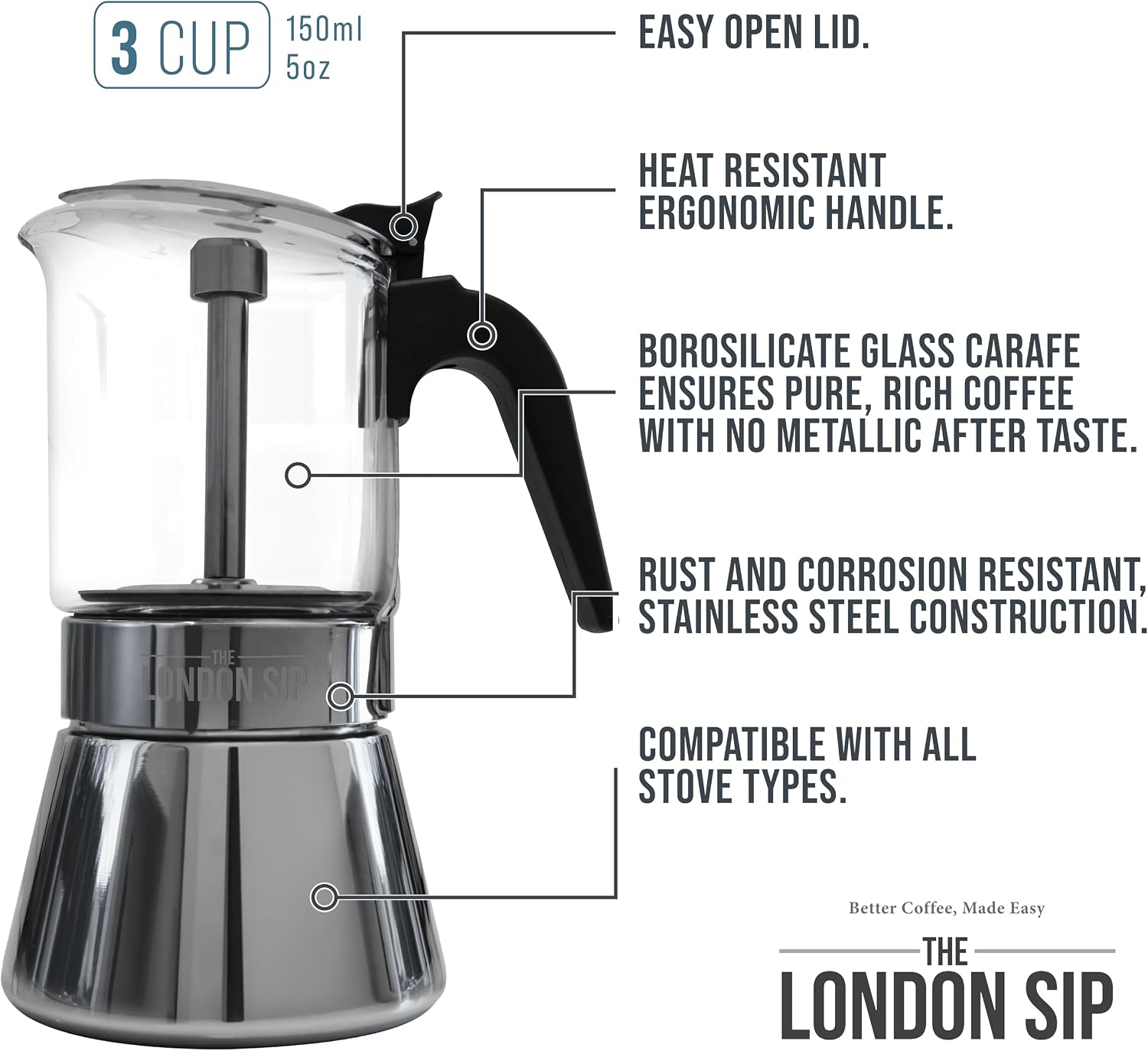 London Sip Stainless Steel Espresso Maker – Glass Carafe – 3 Cup