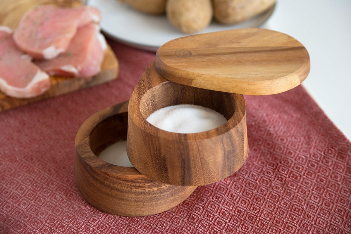 Ironwood Acacia Wood Double Layer Swivel Salt Box