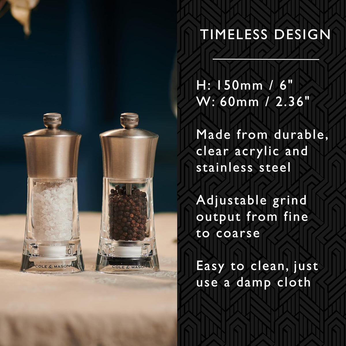 Cole & Mason Bromley Pepper Mill – Acrylic & Stainless Steel – 6" / 15 cm