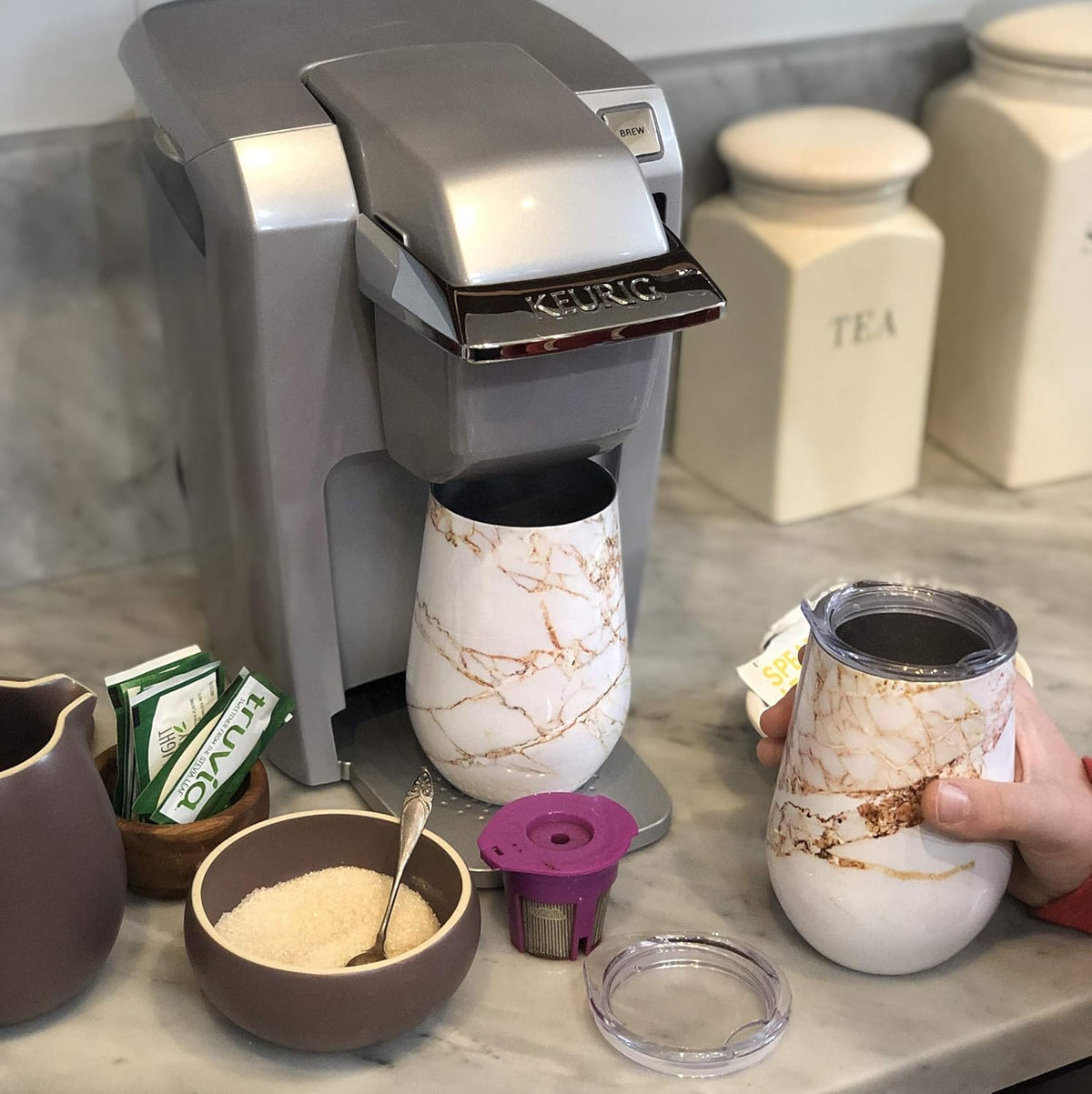 Outset Double Wall Wine Tumblers with Lids – Copper & Marble Set of 2