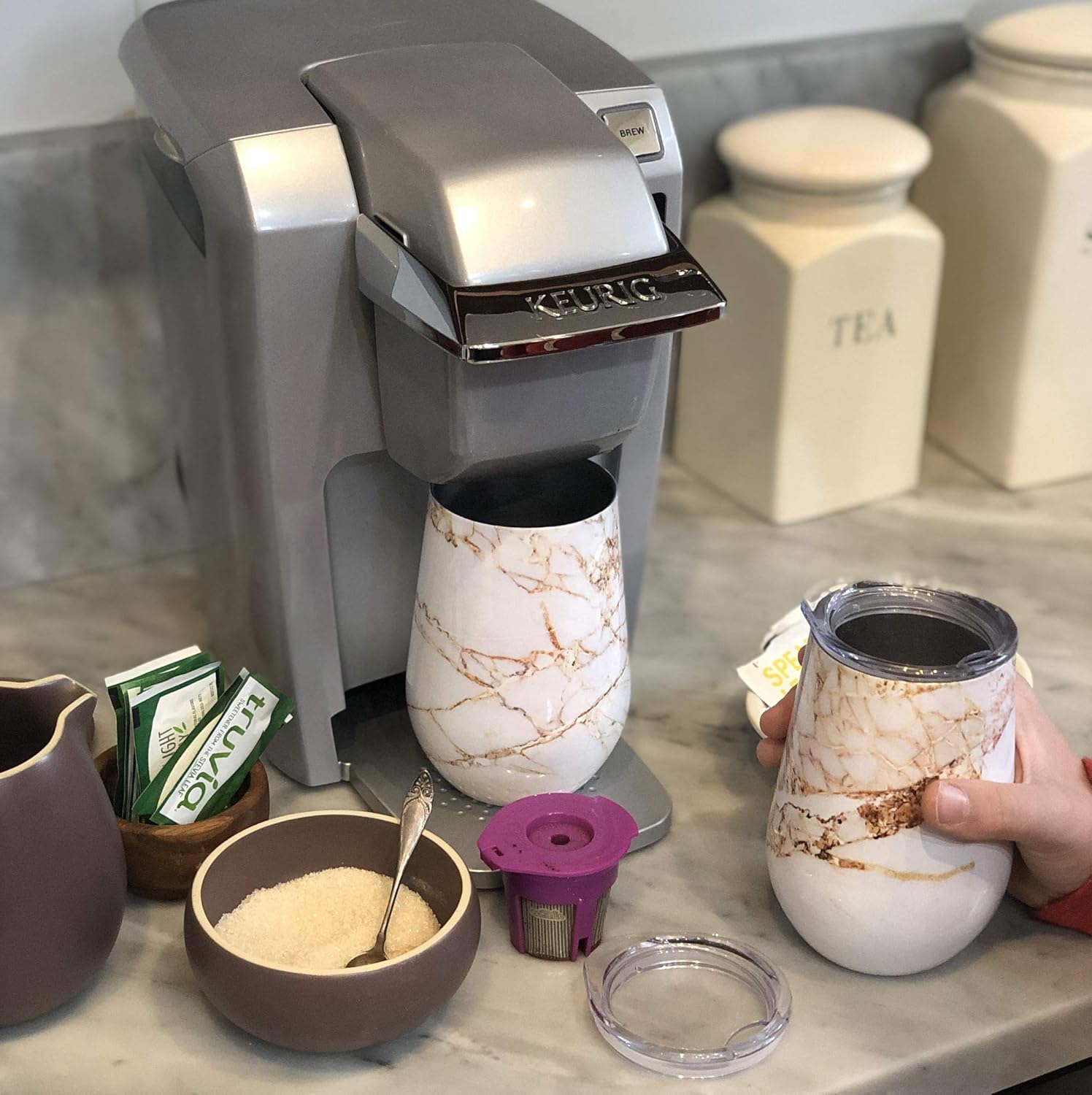 Outset Double Wall Wine Tumblers with Lids – Copper & Marble Set of 2