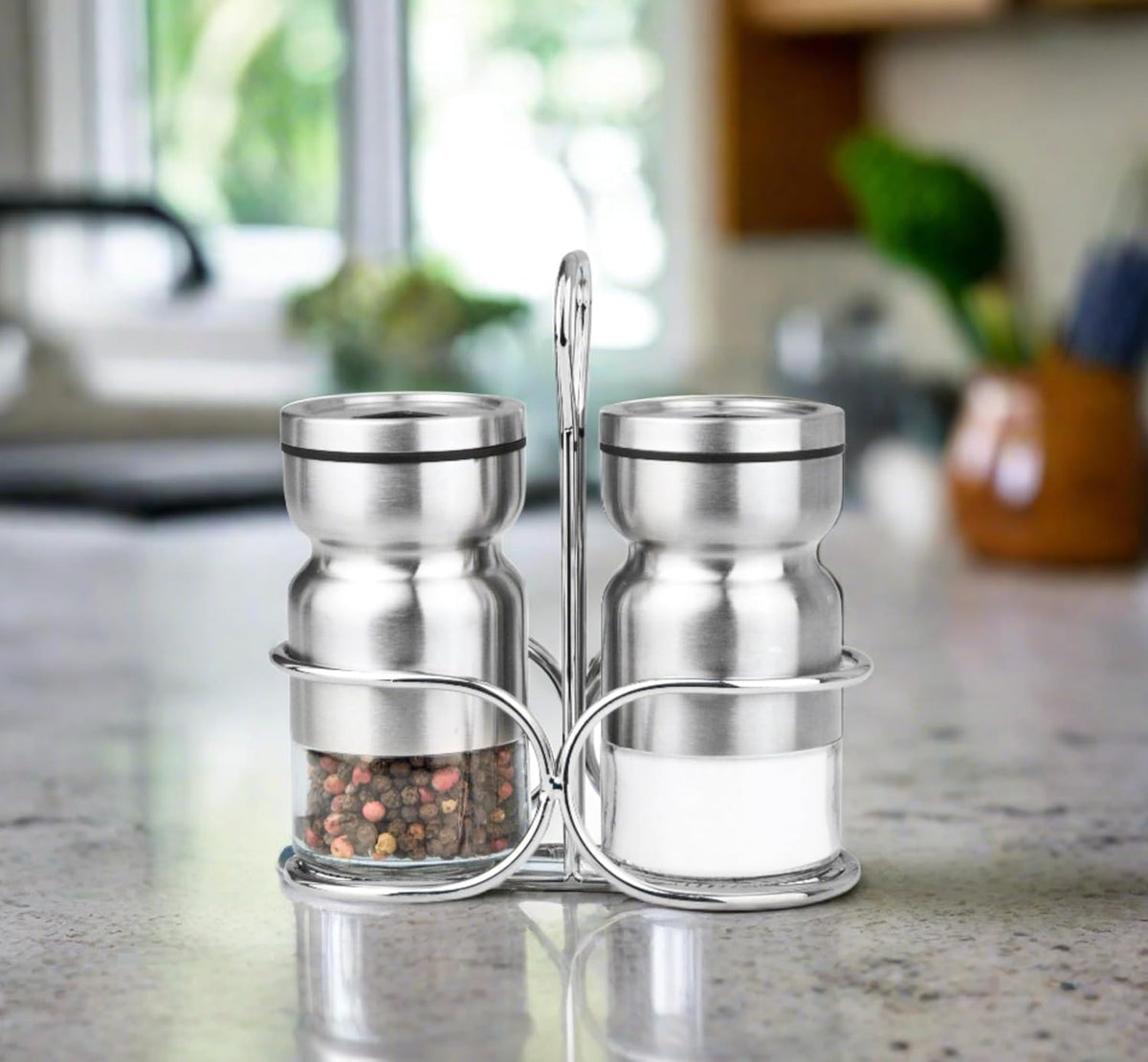 Cuisinox Salt and Pepper Shaker Set in Satin Stainless Steel with Caddy – 7 x 15cm by Kitchen Niche