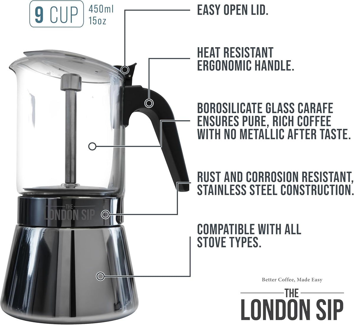 London Sip Stainless Steel Espresso Maker – Glass Carafe – 9 Cup
