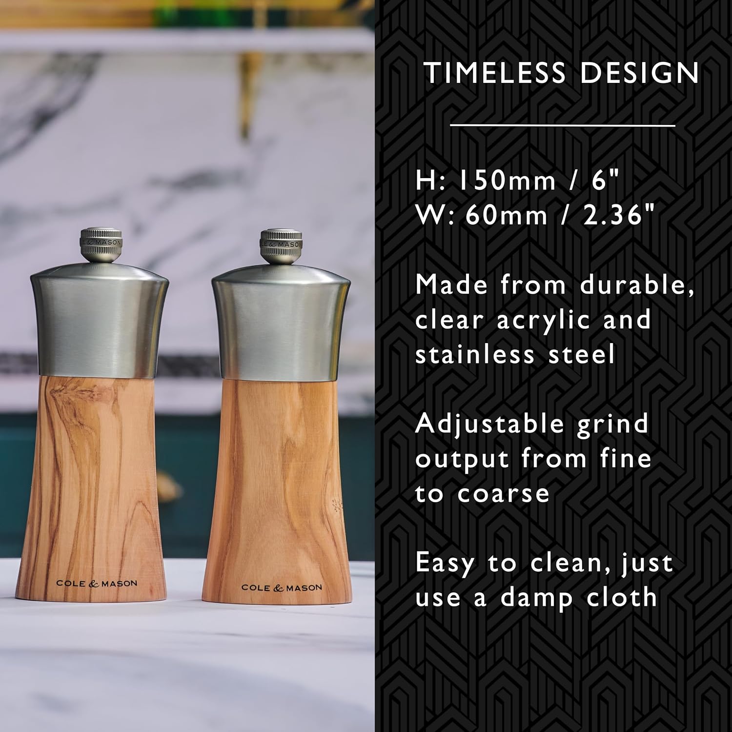 Cole & Mason Bromley Salt Mill – Olive Wood & Stainless Steel – 6" / 15 cm