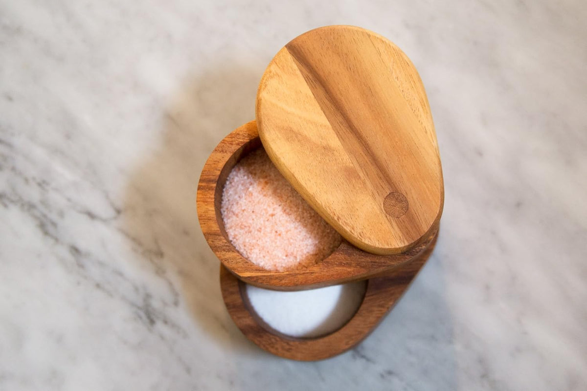 Ironwood Acacia Wood Double Layer Swivel Salt Box