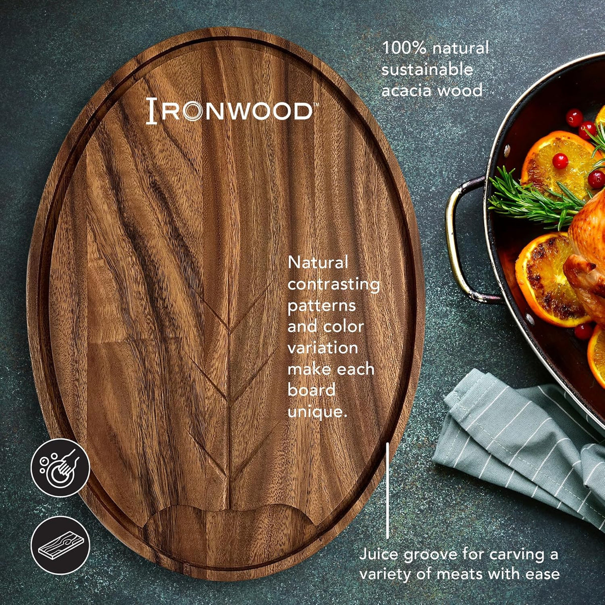 Ironwood Osterbotten Oval Acacia Wood Carving Board with Juice Groove