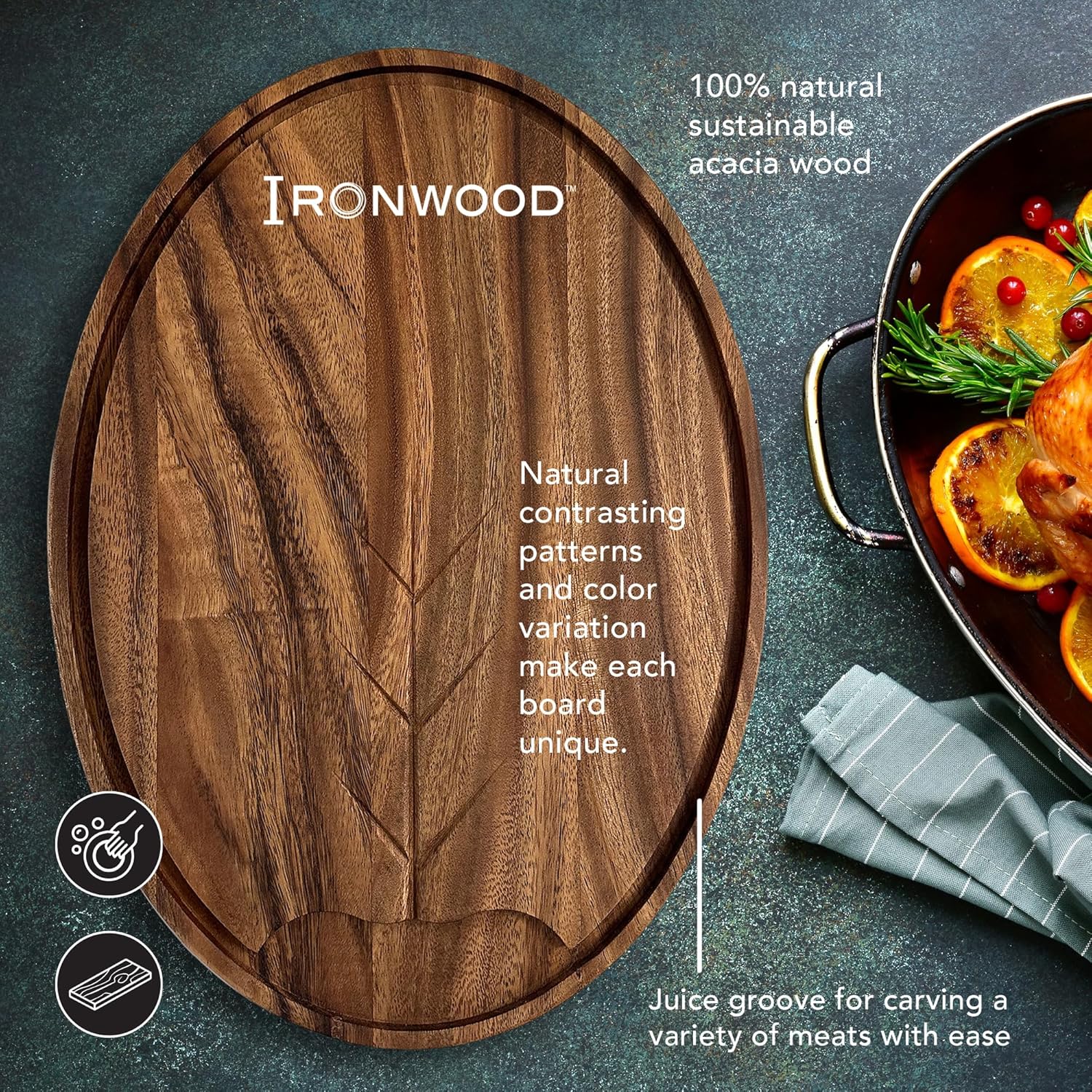 Ironwood Osterbotten Oval Acacia Wood Carving Board with Juice Groove
