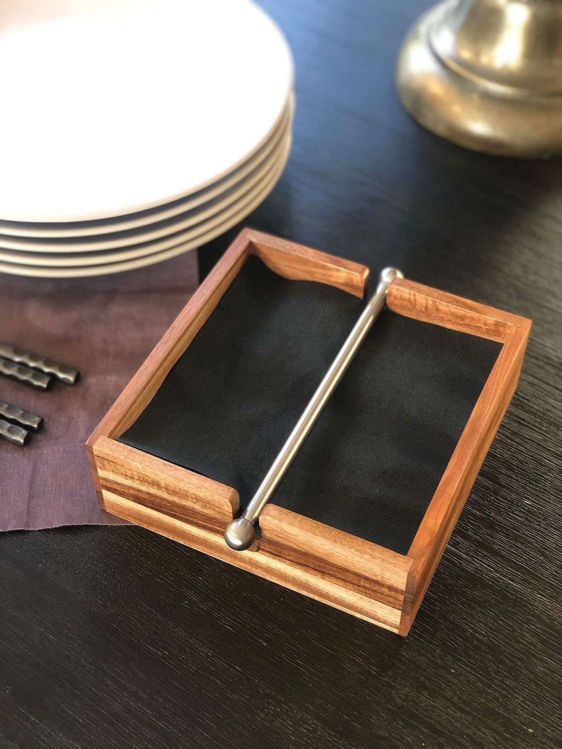 Ironwood Acacia Wood Napkin Holder with Weighted Bar
