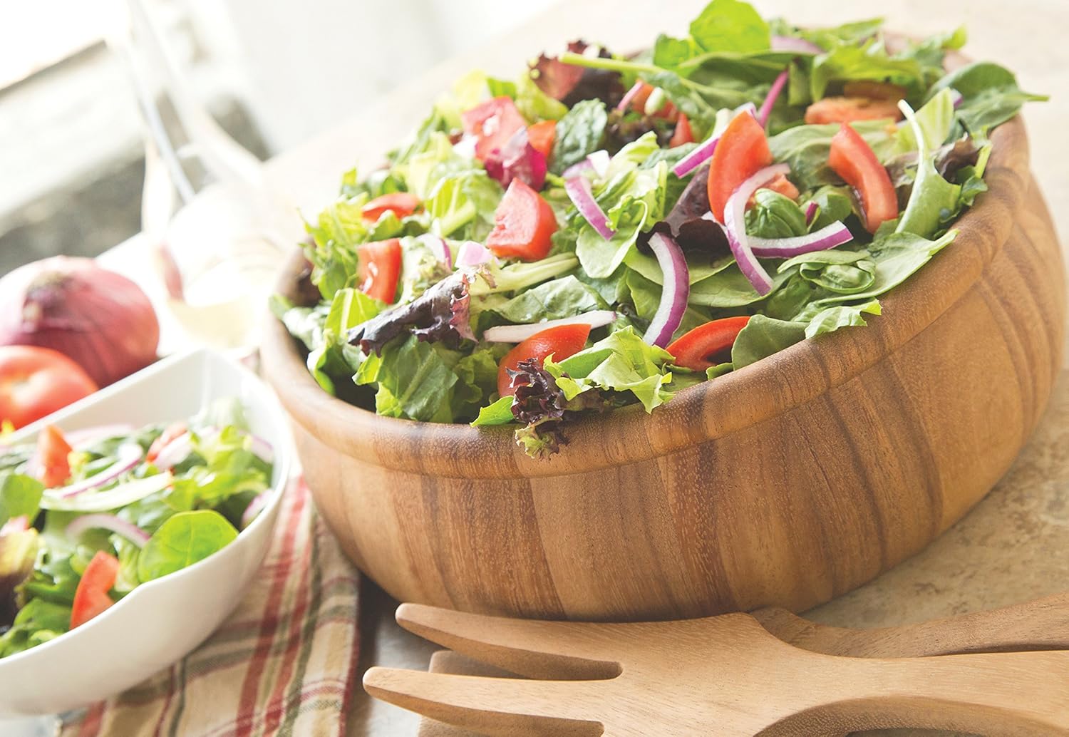 Ironwood Bead Rim Salad Bowl – Large Acacia Wood