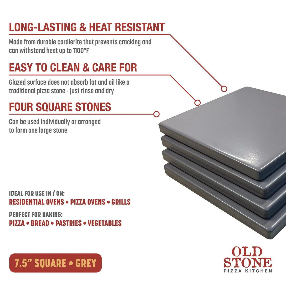 Old Stone Pizza Kitchen Glazed Cordierite Square Pizza Stone 4 Piece Set, 7.5x7.5-Inch, Grey Old Stone Pizza Kitchen by Kitchen Niche