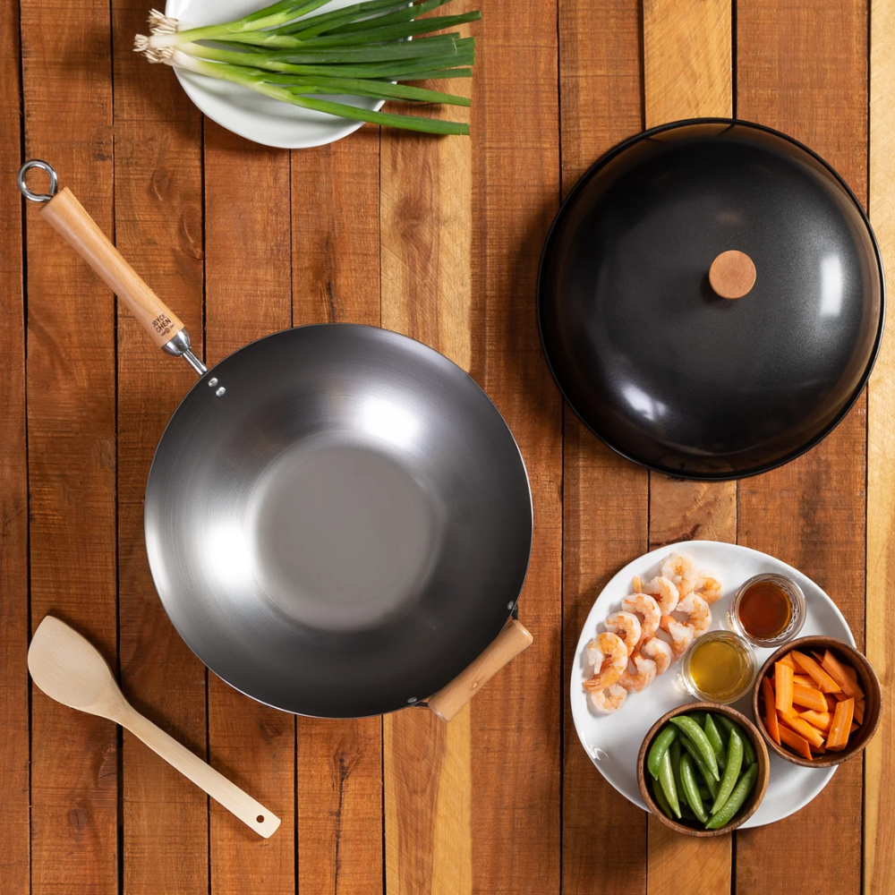 Joyce Chen Classic Series 14-Inch Uncoated Carbon Steel Flat Bottom 4-Piece Wok Set Joyce Chen by Kitchen Niche