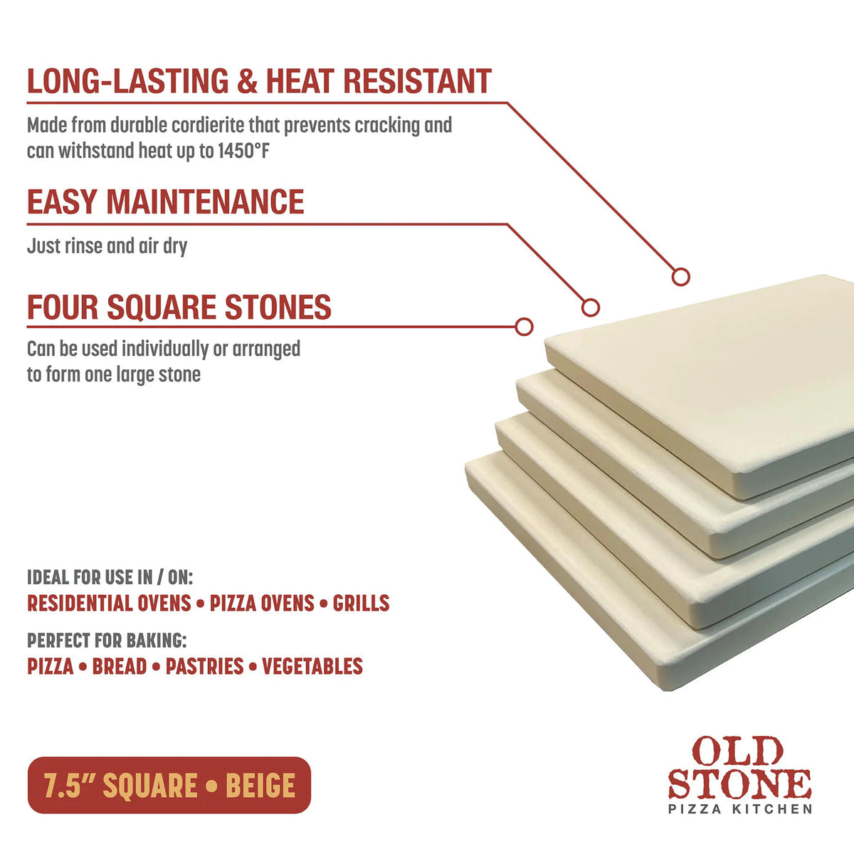 Old Stone Pizza Kitchen  Cordierite Square Pizza Stone 4 Piece Set, 7.5x7.5-Inch, Beige Old Stone Pizza Kitchen by Kitchen Niche