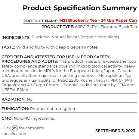 Metropolitan Tea M21 Blueberry Tea Can Of 24 Bags by Kitchen Niche