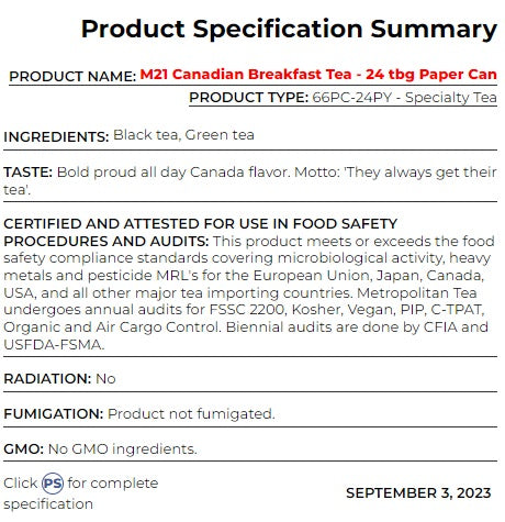 Metropolitan Tea M21 Canadian Breakfast Tea Can Of 24 Bags by Kitchen Niche