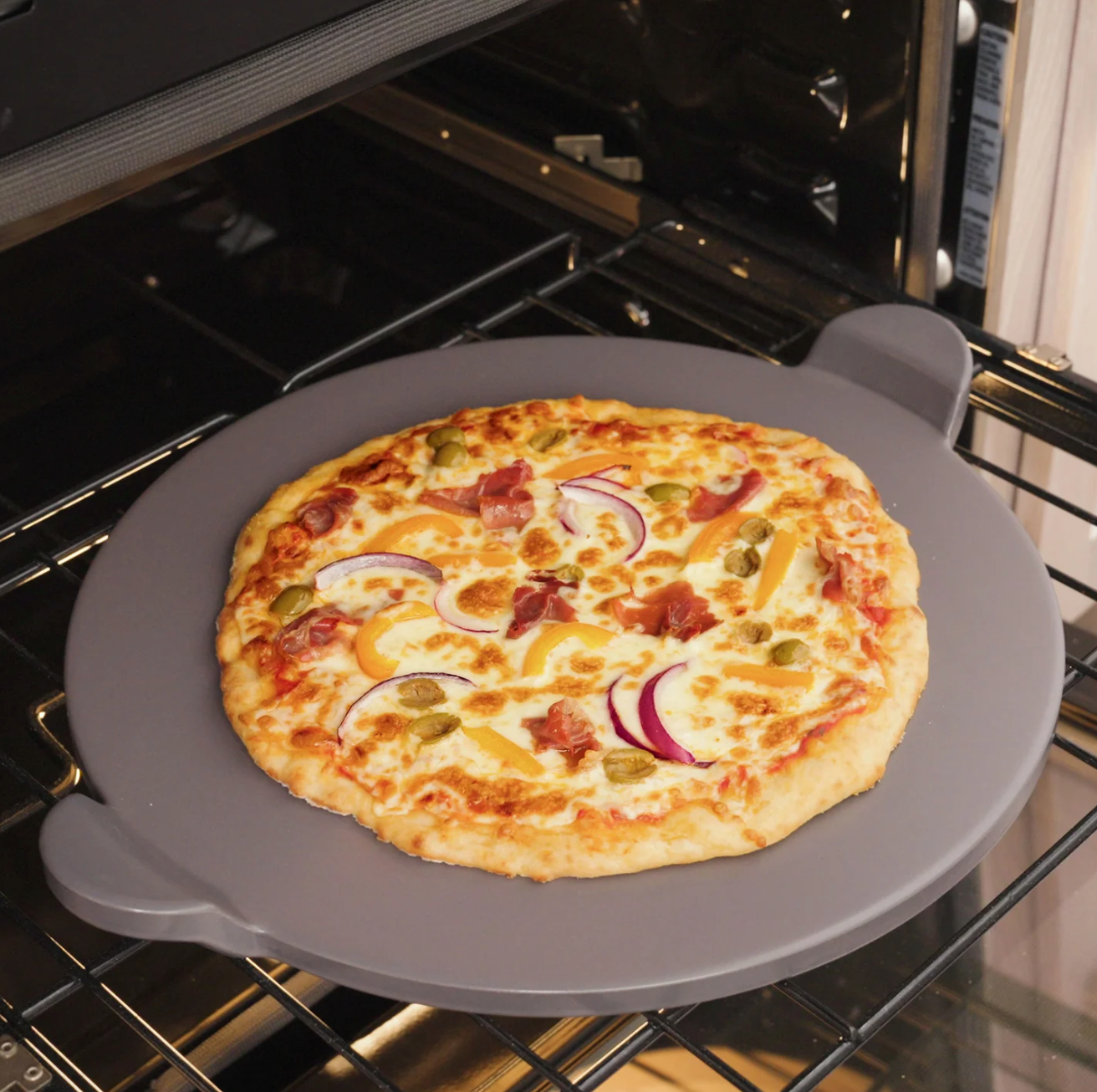 Old Stone Pizza Kitchen Glazed Cordierite Pizza Stone With Handles, 15-Inch, Grey Old Stone Pizza Kitchen by Kitchen Niche