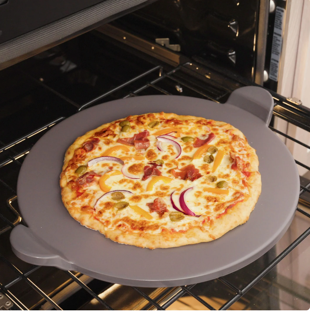 Old Stone Pizza Kitchen Glazed Cordierite Pizza Stone With Handles, 13-Inch, Grey Old Stone Pizza Kitchen by Kitchen Niche