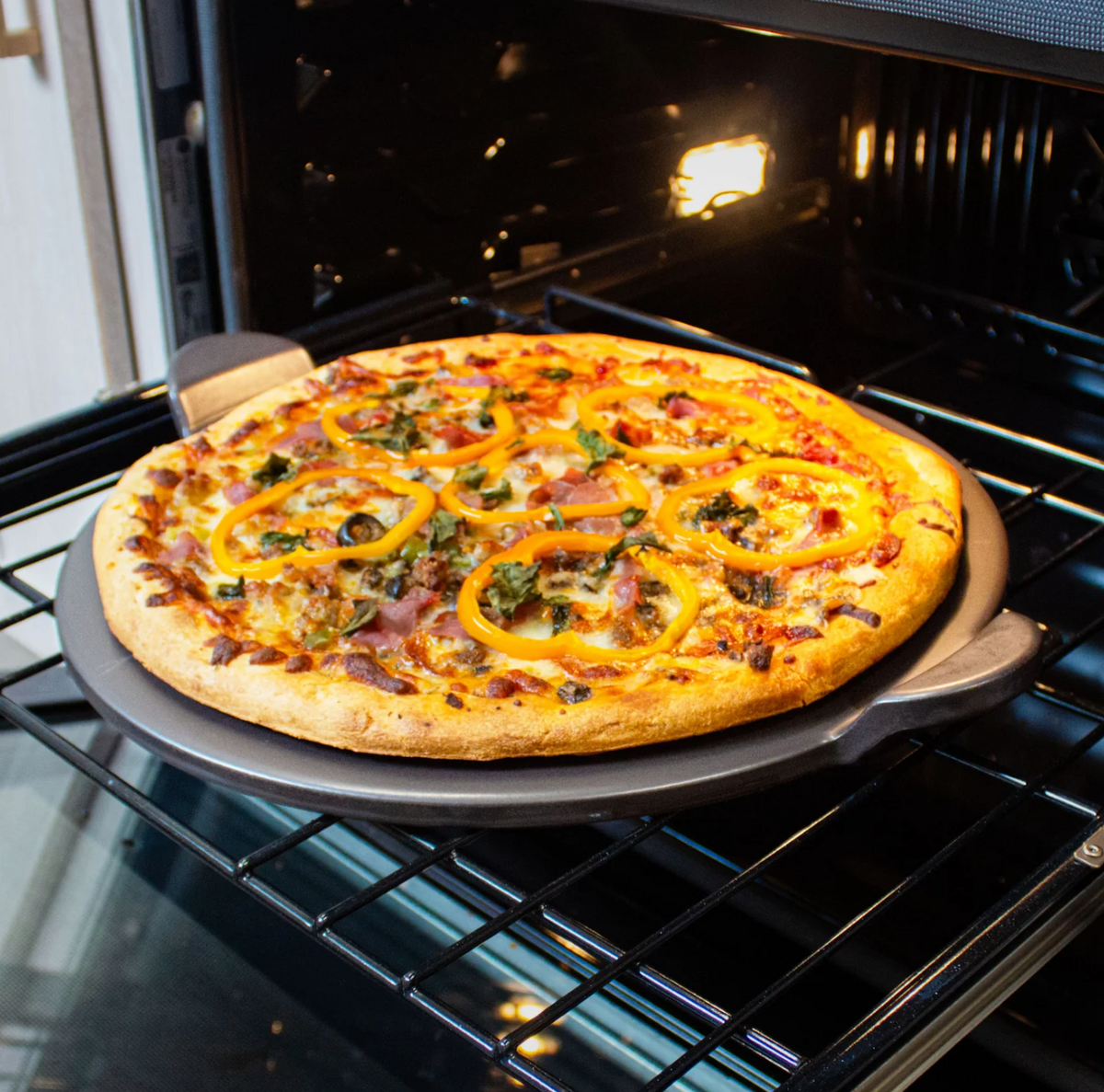 Old Stone Pizza Kitchen Glazed Cordierite Pizza Stone With Handles, 15-Inch, Grey Old Stone Pizza Kitchen by Kitchen Niche