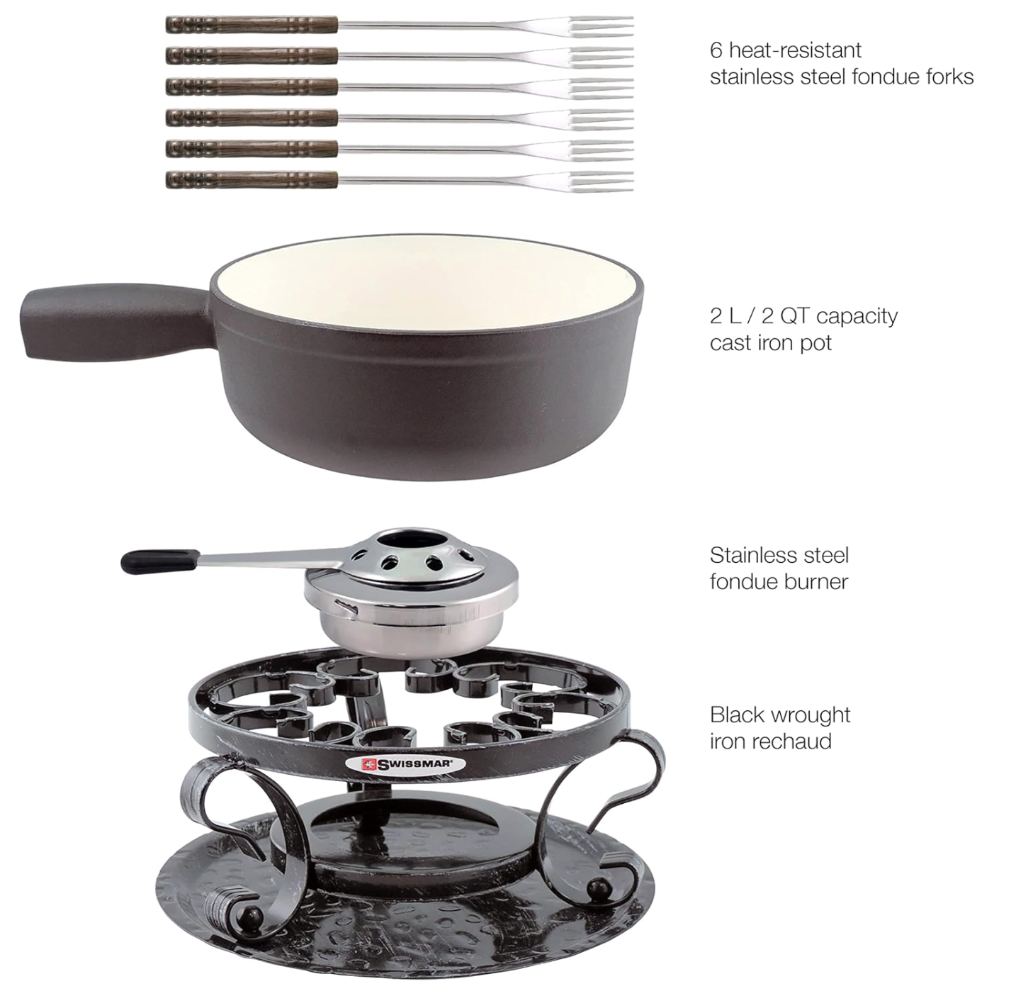 Swissmar Lugano Cast Iron Cheese Fondue Set – Black Matte