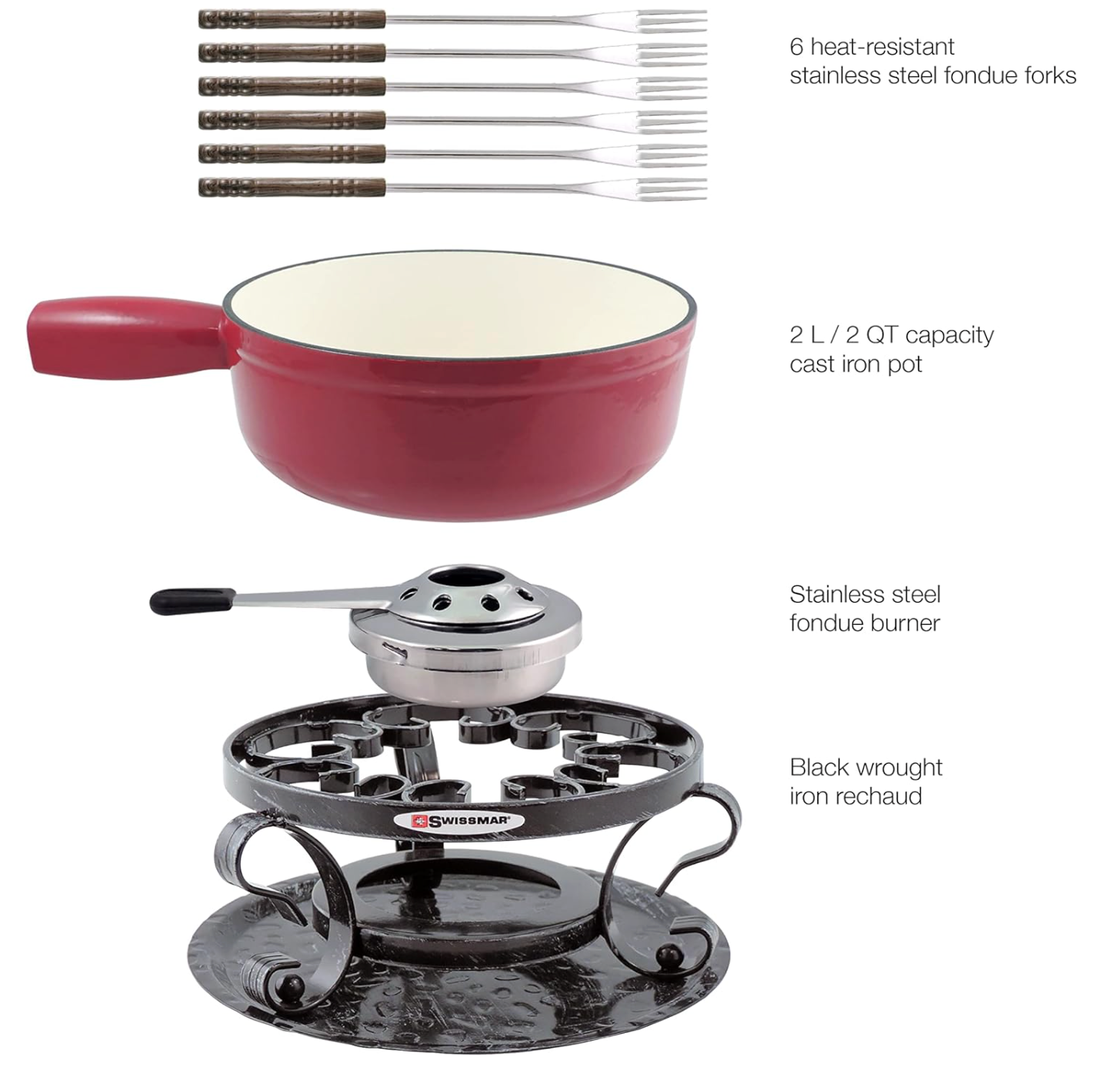 Swissmar Lugano Cast Iron Cheese Fondue Set – Cherry Red