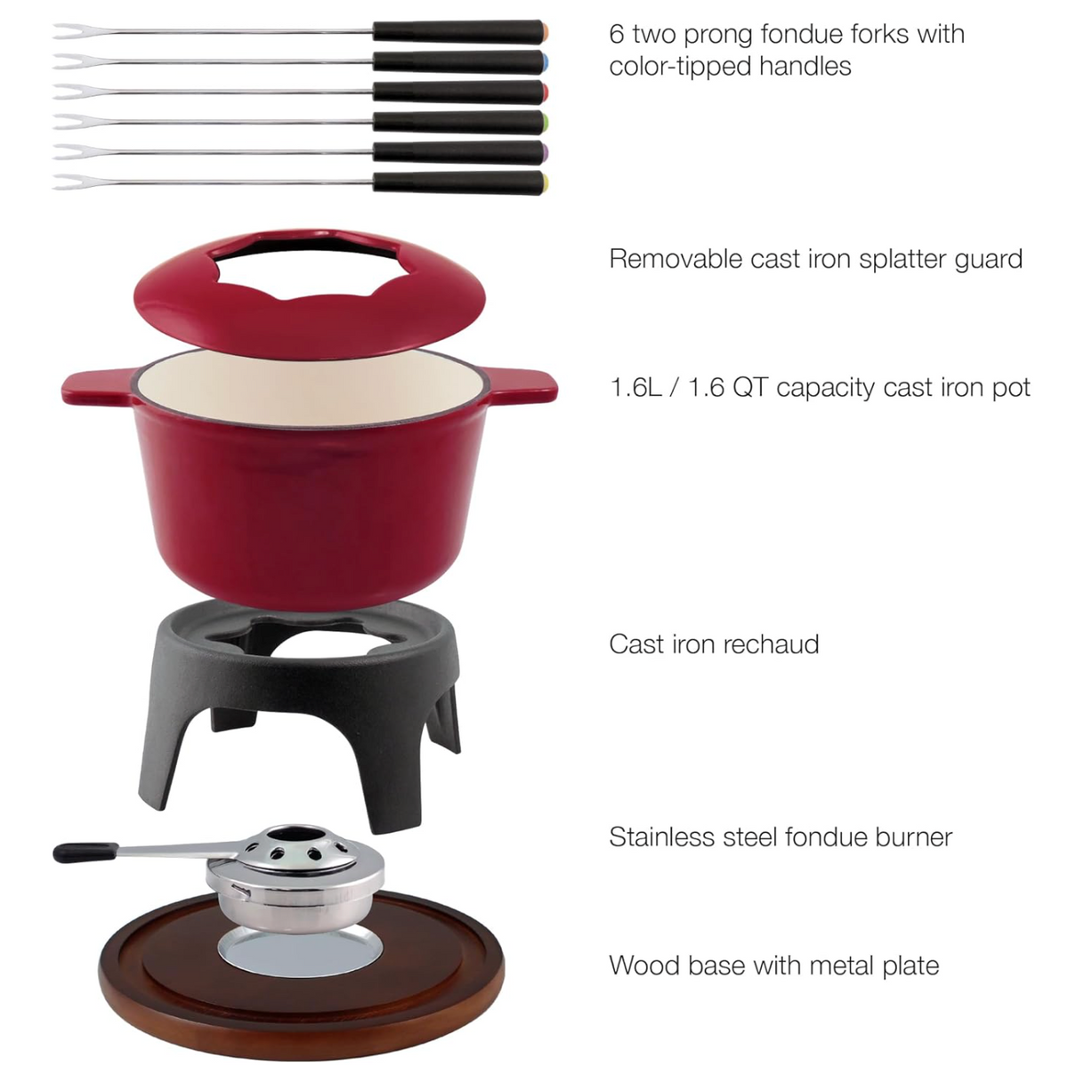 Swissmar Sierra Cast Iron Meat & Cheese Fondue Set – Cherry Red