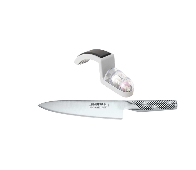 Global Knife &amp; Sharpener Set 2pc (G2, 220 Grey Sharpener) Global by Kitchen Niche