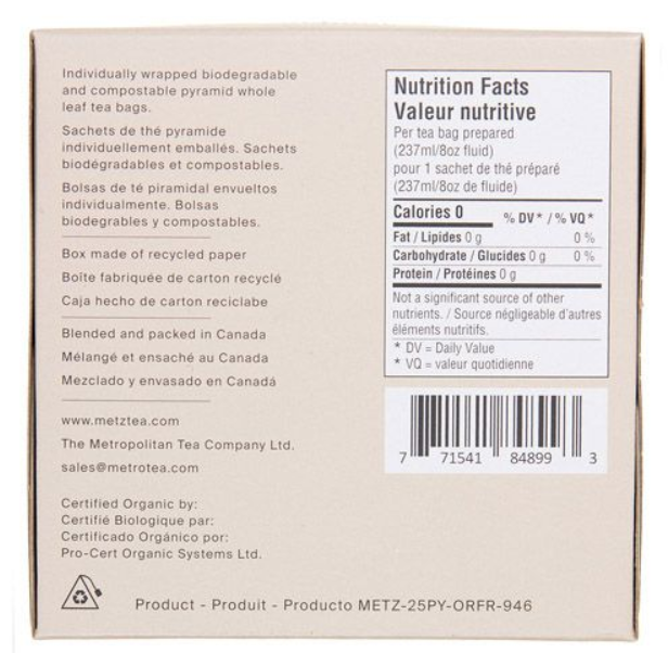 Metropolitan Tea Metz Organic Bourbon Street Vanilla Tea – Box of 25 Teabags