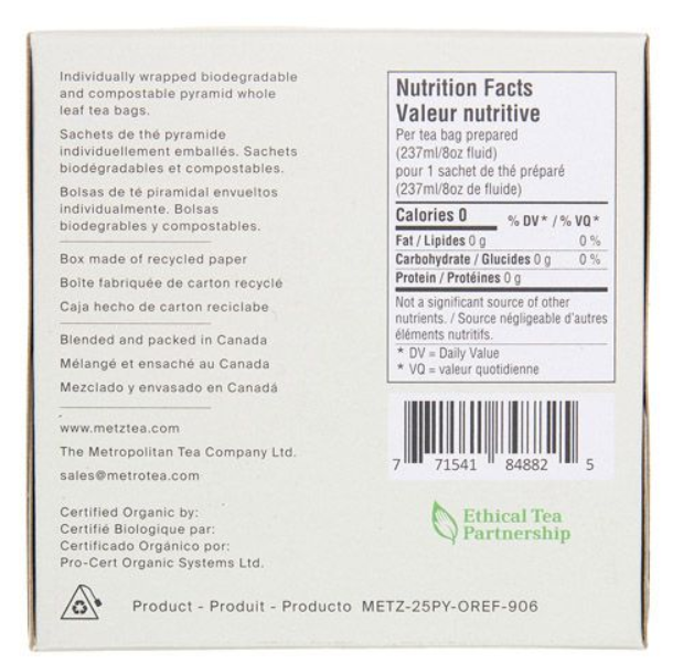 Metropolitan Tea Metz Organic Earl Grey Tea – Box of 25 Teabags