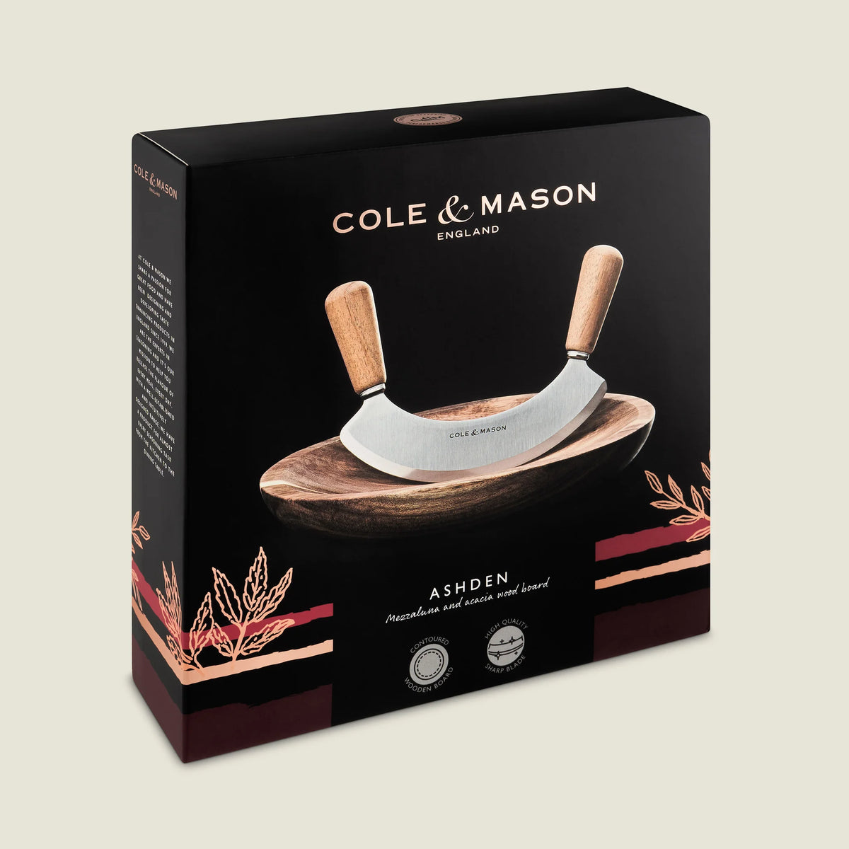 Cole & Mason Ashden Mezzaluna with Acacia Board – Ø 9.5" / 24.1 cm