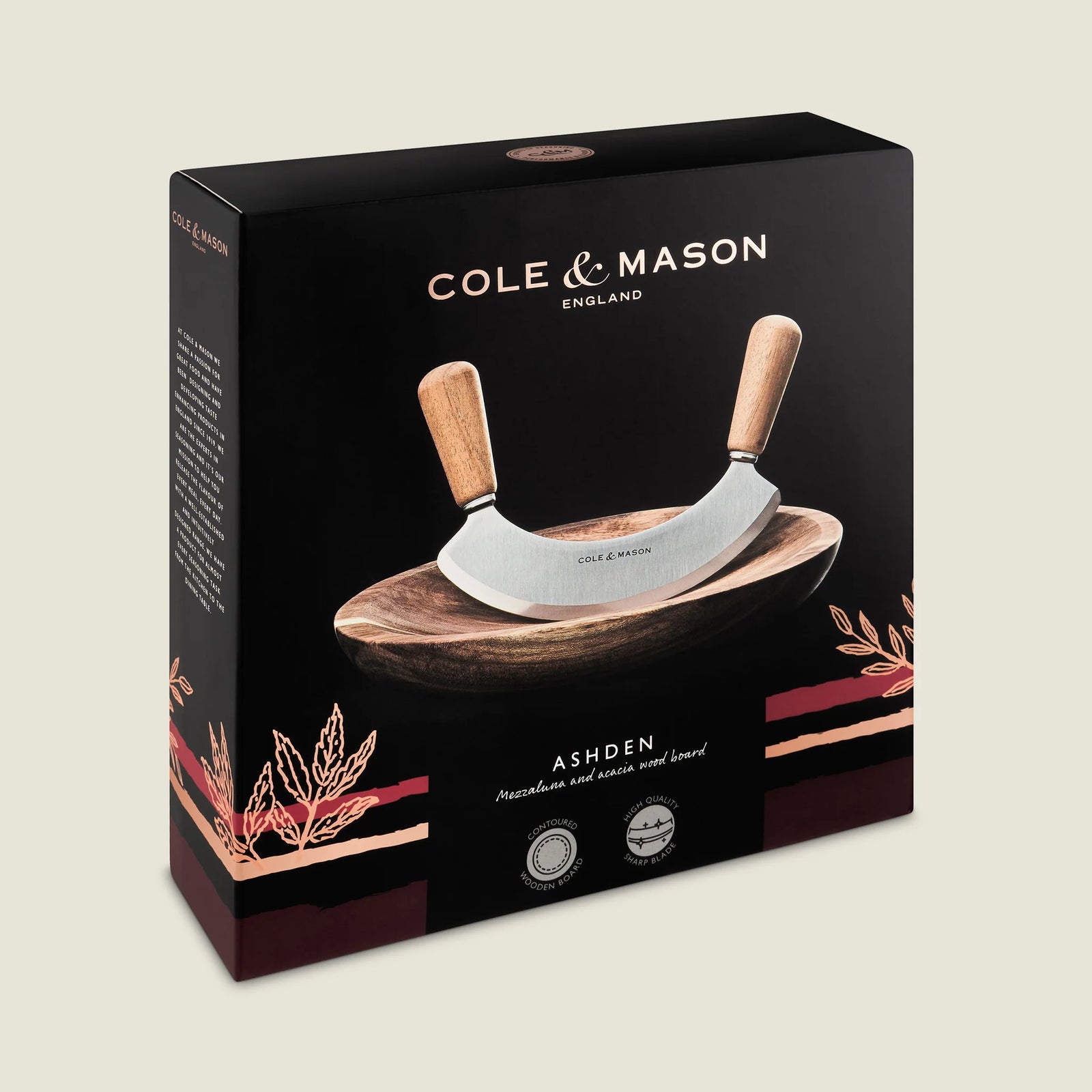 Cole & Mason Ashden Mezzaluna with Acacia Board – Ø 9.5" / 24.1 cm