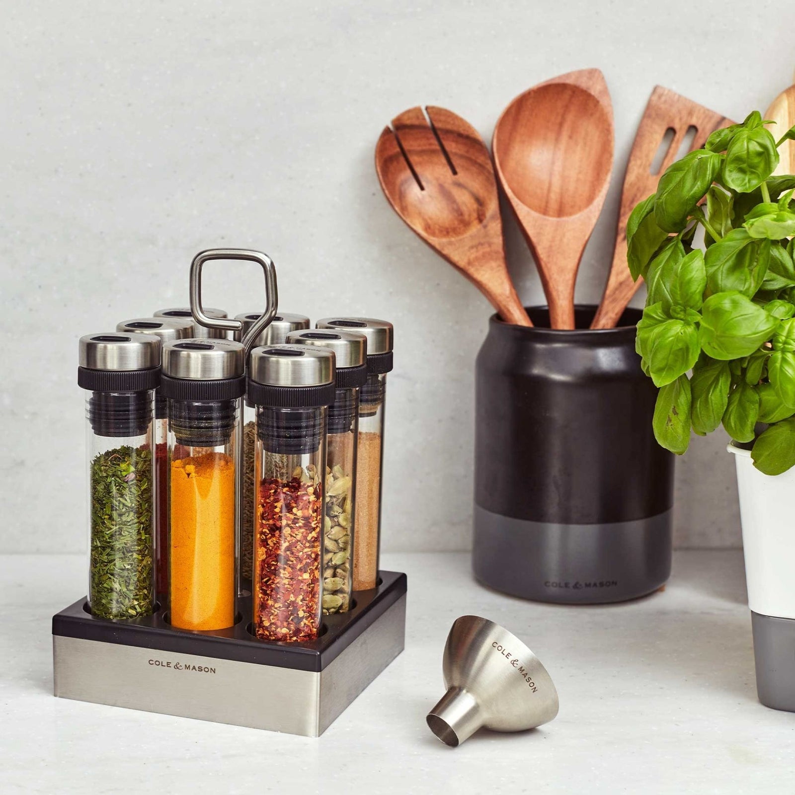 Cole & Mason Shadwell Countertop Spice Storage Set – 8 Glass Jars