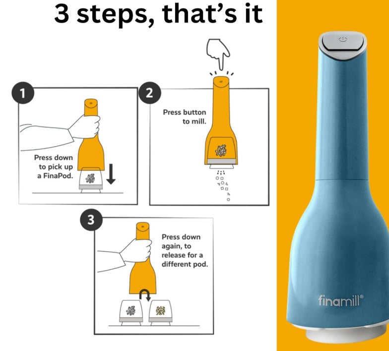FinaMill Grey Battery Operated Spice Grinder with 2 Interchangeable Pods